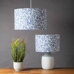 Coral Reef Lampshade. Botanical & Nautical Inspired Print, Marine Blue White, Cylinder Style Shade. 30cm & 40cm Sizes Available