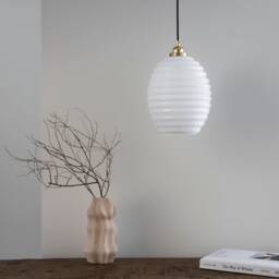 Milk Glass Pendant Light With Gold Top in Art Deco Style, Opaline Hanging Lamp, Lighting Fixture, White Ceiling Lamp - thumbnail 3