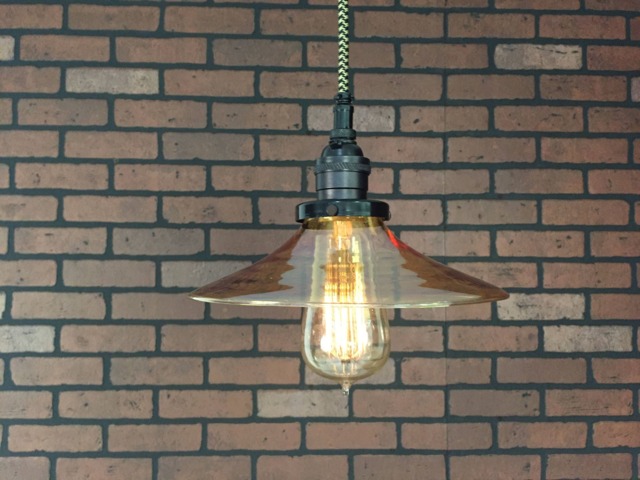 "Industrial Pendant Light -Black 8"" Flat Amber Glass Shade With Patented ""Huila Connector" - image 1