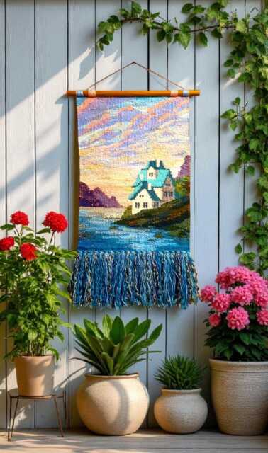 Handmade Woven Tapestry Wall Hanging Landscape Fiber Art - image 1