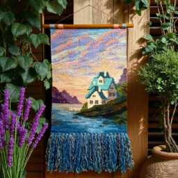 Handmade Woven Tapestry Wall Hanging Landscape Fiber Art - thumbnail 4