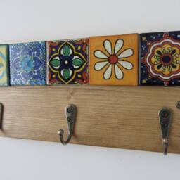 Rustic Recycled Pine Wood Key Holder With Mexican Tile Decoration Rack/Kitchen Organizer - thumbnail 4