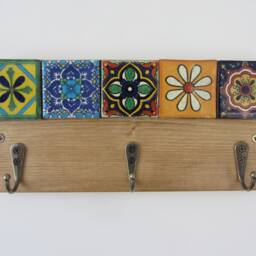 Rustic Recycled Pine Wood Key Holder With Mexican Tile Decoration Rack/Kitchen Organizer - thumbnail 3