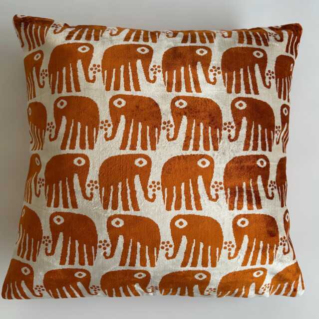 Silk Velvet Cushion Cover, Saffron Elephant Cushion, Turkish Italian Jacquard Pillow, Ikat Decorative Pillow 20''x20''/50x50 cm - image 1