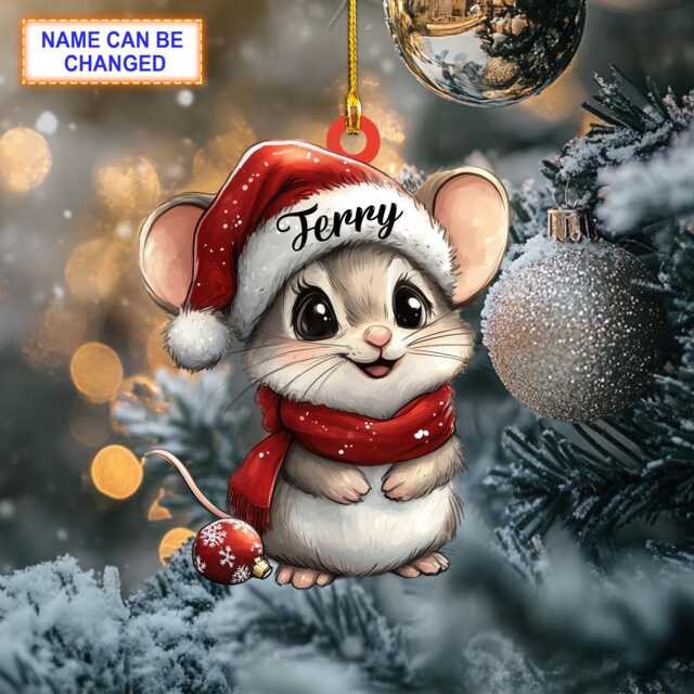 Custom Name Cute Mouse Smile Christmas Personalized Ornament, Tree Hanging Decor, Flat 2D Ornament - image 1