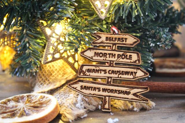 Belfast Location Wooden Bauble Northern Design Ireland Fun Classic Ornament Quirky Rustic Stocking Present Laser Wood Burned Ornate - image 1
