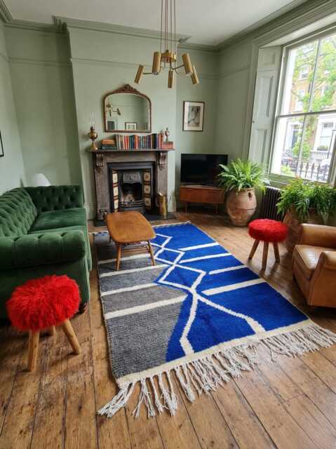 Split-Tone Moroccan Rug - Cobalt Blue, Grey Wool Carpet, Geometric Boho Area - image 1