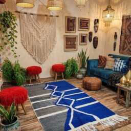 Split-Tone Moroccan Rug - Cobalt Blue, Grey Wool Carpet, Geometric Boho Area - thumbnail 3