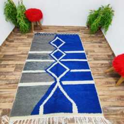 Split-Tone Moroccan Rug - Cobalt Blue, Grey Wool Carpet, Geometric Boho Area - thumbnail 2