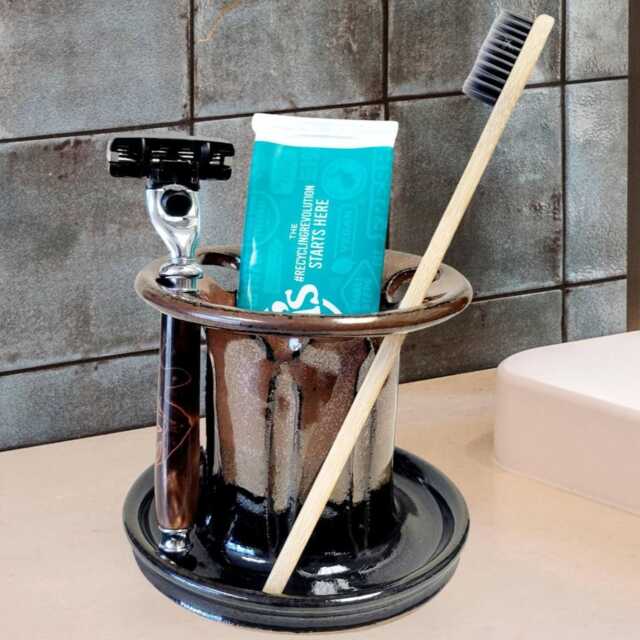 Handmade Ceramic Toothbrush Holder Family Size 6-Slot Bathroom Organizer - image 1