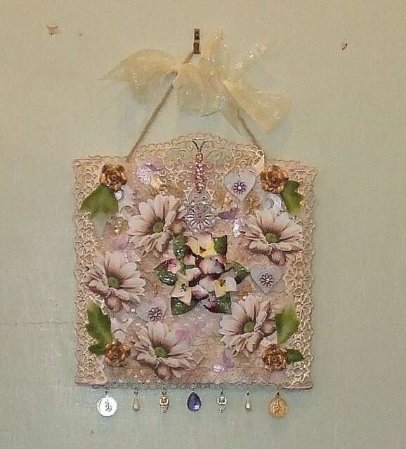 Porcelaine Flowers & Charms Mdf Plaque, Mixed Media Steampunk Wall Hanging