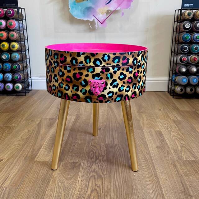 Hot Pink Magenta Leopard Round Bedside Table . Fun Bright Home Decor Ideal For Nightstand Or Side Table. Cheetah Print Gold Design - image 1