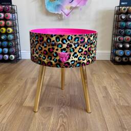 Hot Pink Magenta Leopard Round Bedside Table . Fun Bright Home Decor Ideal For Nightstand Or Side Table. Cheetah Print Gold Design