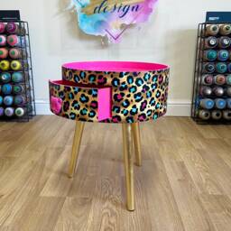 Hot Pink Magenta Leopard Round Bedside Table . Fun Bright Home Decor Ideal For Nightstand Or Side Table. Cheetah Print Gold Design - thumbnail 2