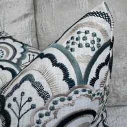 Elegant Teal Beige Embroidered Cushion Cover Modern Double-Sided Throw Pillow Case, Art Deco Fan Astra - thumbnail 2