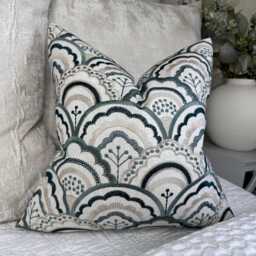 Elegant Teal Beige Embroidered Cushion Cover Modern Double-Sided Throw Pillow Case, Art Deco Fan Astra - thumbnail 4
