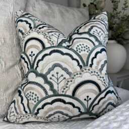 Elegant Teal Beige Embroidered Cushion Cover Modern Double-Sided Throw Pillow Case, Art Deco Fan Astra - thumbnail 1