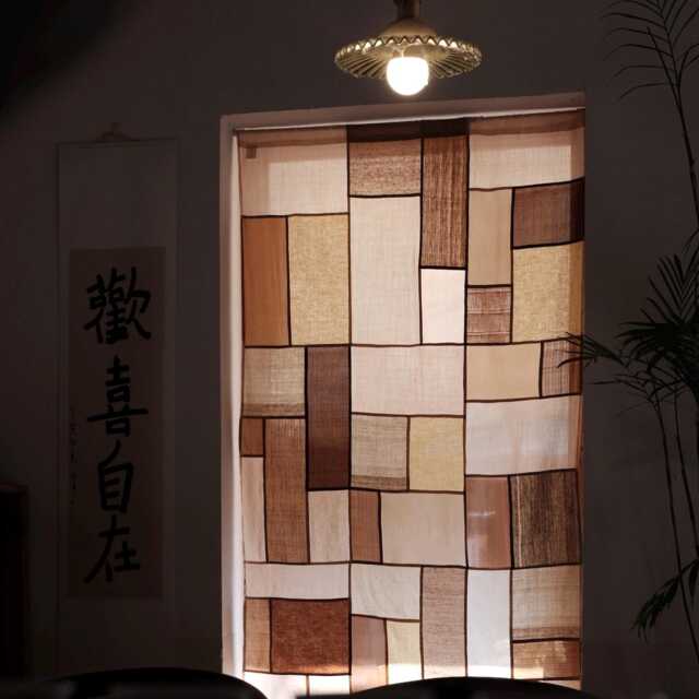 Tea-Dyed Linen & Silk Patchwork Curtain Natural Dye, Chinoiserie Style - image 1