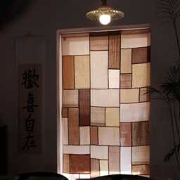 Tea-Dyed Linen & Silk Patchwork Curtain Natural Dye, Chinoiserie Style - thumbnail 1