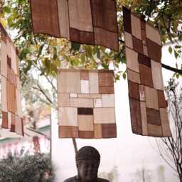 Tea-Dyed Linen & Silk Patchwork Curtain Natural Dye, Chinoiserie Style - thumbnail 2