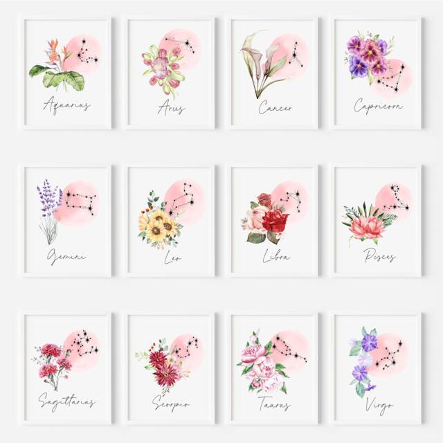 Birth Flower Zodiac Print Watercolour Star Sign Wall Art - Unframed - image 1