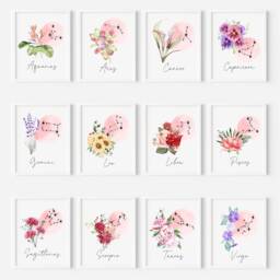 Birth Flower Zodiac Print Watercolour Star Sign Wall Art - Unframed