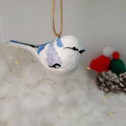 Azure Tit Ornament, Hand Painted Blue Bird Figurine, Frost White Christmas Tree Decor, Unique Gift For Lovers - thumbnail 2
