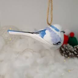 Azure Tit Ornament, Hand Painted Blue Bird Figurine, Frost White Christmas Tree Decor, Unique Gift For Lovers - thumbnail 3