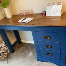 Sold Solid Wood Writing Desk, Oak, With Three Storage Drawers, For Office Study Bedroom Workspace, Working From Home, Blue, Copper Accents - thumbnail 4