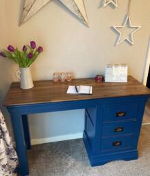 Sold Solid Wood Writing Desk, Oak, With Three Storage Drawers, For Office Study Bedroom Workspace, Working From Home, Blue, Copper Accents