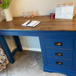 Sold Solid Wood Writing Desk, Oak, With Three Storage Drawers, For Office Study Bedroom Workspace, Working From Home, Blue, Copper Accents - thumbnail 2