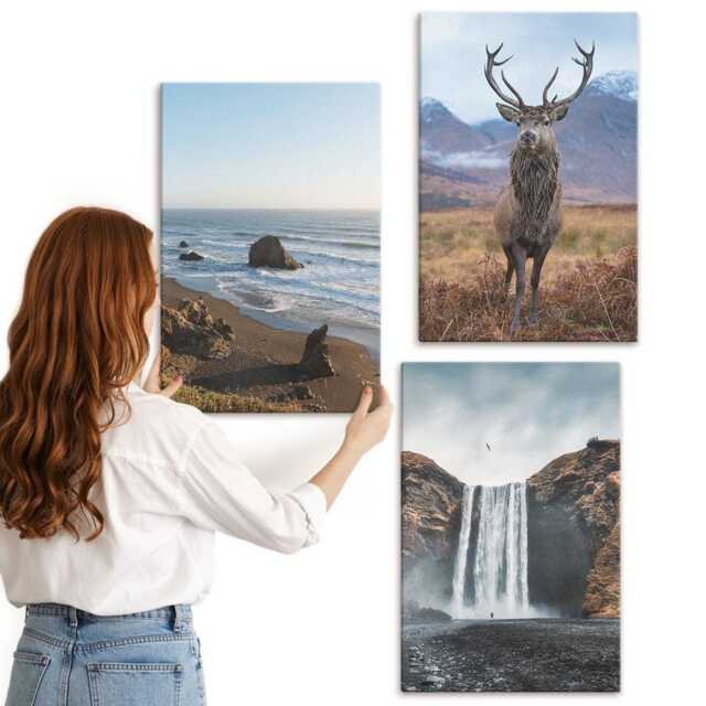 Canvas Set Of 3 - Mountain Landscapes With A Waterfall, Deer, & Beach, Gray Wall Art Large, Decor - image 1