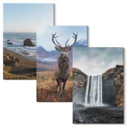 Canvas Set Of 3 - Mountain Landscapes With A Waterfall, Deer, & Beach, Gray Wall Art Large, Decor - thumbnail 2