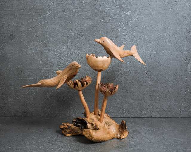 Handmade Burl Wood Dolphin Sculpture, Marine Decor - image 1