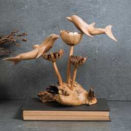 Handmade Burl Wood Dolphin Sculpture, Marine Decor - thumbnail 4