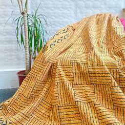 Kantha Stitch Pure Cotton Reversible Bed/Sofa Throw King Size Handmade Indian Dohar Elegant Rustic Mustard Yellow Checks Geometric Minimal - thumbnail 3