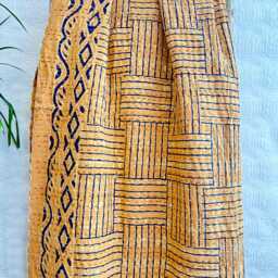 Kantha Stitch Pure Cotton Reversible Bed/Sofa Throw King Size Handmade Indian Dohar Elegant Rustic Mustard Yellow Checks Geometric Minimal - thumbnail 2