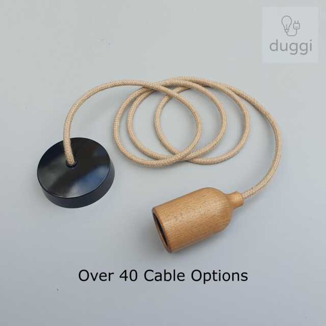 Wooden Pendant Ceiling Light With Fabric Cable - White Or Black Rose Oak Finish Kitchen Island Shop Bar Cafe Duggi - image 1