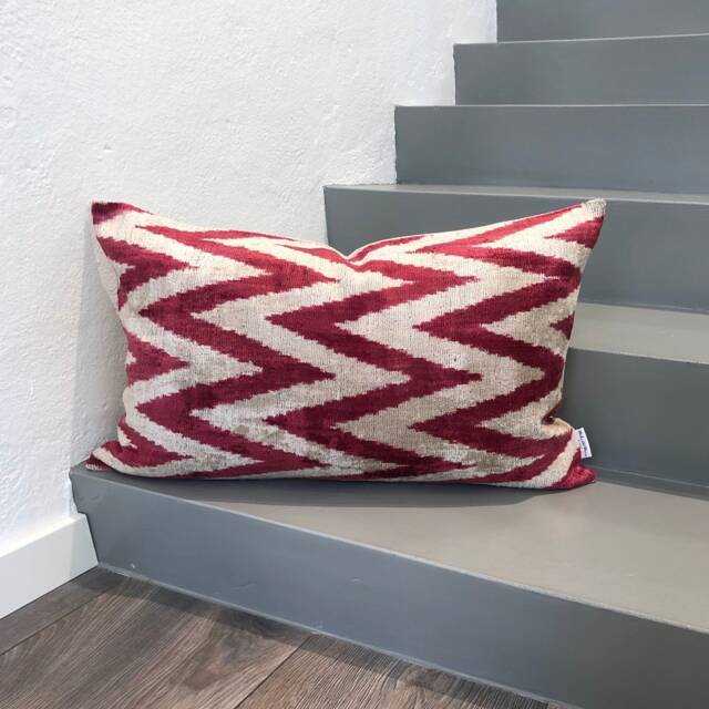 Velvet Ikat Pillow Cover Red Zigzag - Decorative Cushion For Sofa Or Bed - image 1