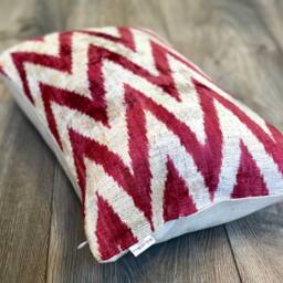 Velvet Ikat Pillow Cover Red Zigzag - Decorative Cushion For Sofa Or Bed - thumbnail 3