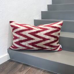 Velvet Ikat Pillow Cover Red Zigzag - Decorative Cushion For Sofa Or Bed - thumbnail 1