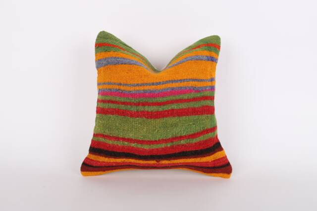 Vintage Turkish Kilim Pillow Cover Handwoven Wool Throw - 16x16 - image 1