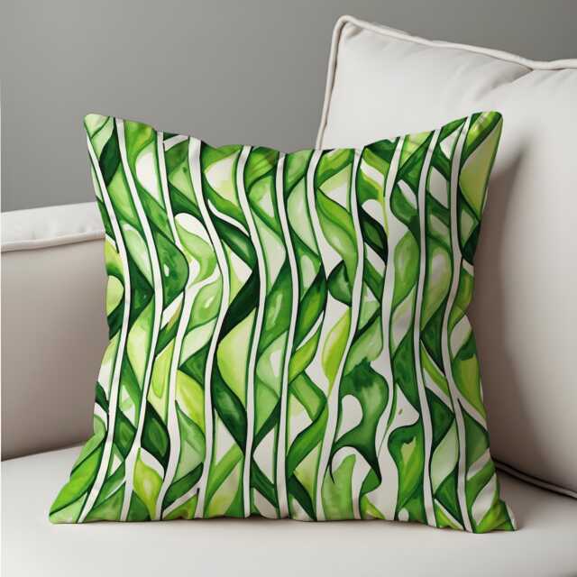 Tropical Green Abstract Leaves Cushion Cover, Watercolor Jungle Stripes Wavy Pattern Pillow Case, Modern Botanical Interiors - image 1