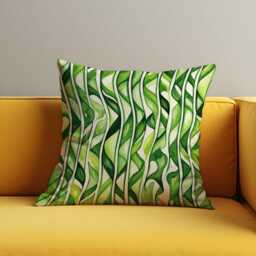 Tropical Green Abstract Leaves Cushion Cover, Watercolor Jungle Stripes Wavy Pattern Pillow Case, Modern Botanical Interiors - thumbnail 2
