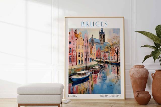 Bruges City Travel Print, Belgium Poster Wall Art, Decor, Art - image 1