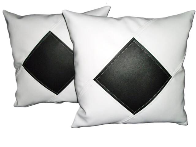 "2 White & Black Diamond Faux Leather Cushion Covers 16"" 18"" 20" - image 1