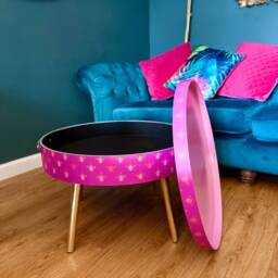 Round Pink Coffee Table , Gold & Bee Design, Leaf Legs, Lift Off Top, Large Lounge Ideal For Living Room - thumbnail 3