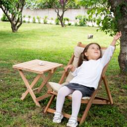 Kids Wooden Outdoor Lounge Chair With Cushion, Portable Beach Garden Seat - thumbnail 4