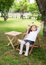 Kids Wooden Outdoor Lounge Chair With Cushion, Portable Beach Garden Seat
