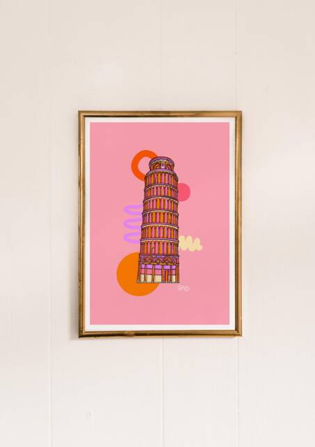 Leaning Tower Of Pisa Art Print Bright Pink Italy Illustration - image 1